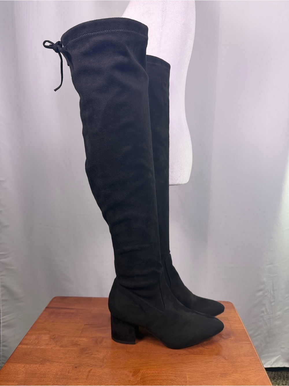 Top Moda Black Knee High Boots Size 6 Pointed Toe Block Heel Stretch - Picture 9 of 16